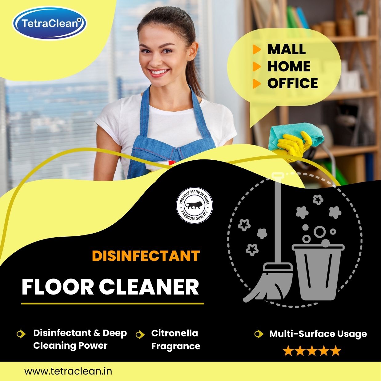 TetraClean Lemon Disinfectant Floor Cleaner – Powerful Degreasing Action, 99.9% Germ Protection & Fresh Citrus Shine