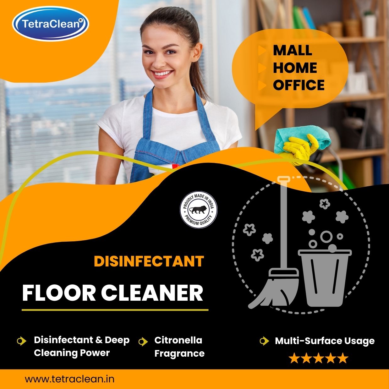 TetraClean Orange Disinfectant Floor Cleaner – Powerful Degreasing, 99.9% Germ Protection & Bright Citrus Freshness