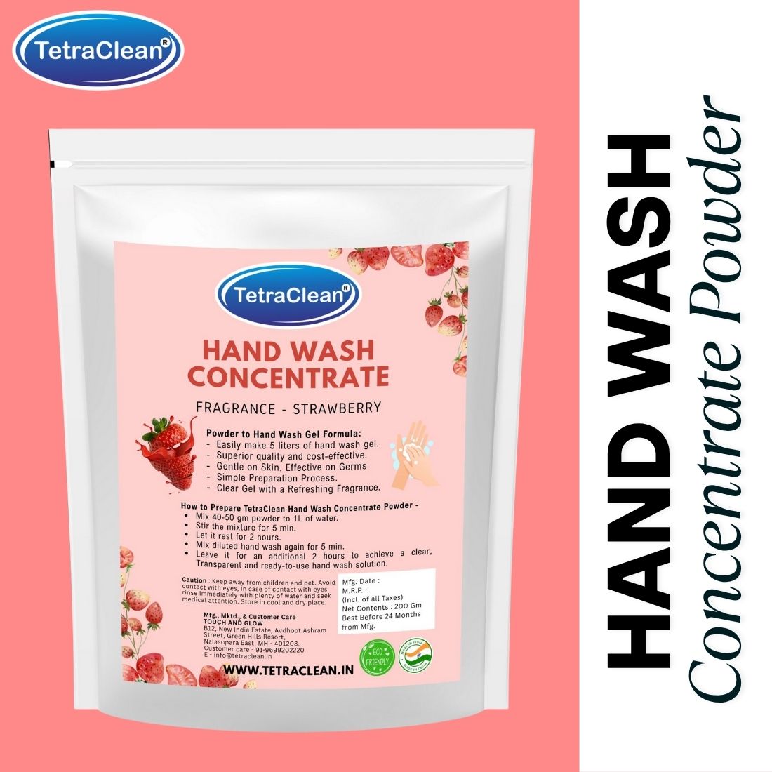 TetraClean Strawberry Hand Wash Concentrate Powder – Powder to 10L Clear Gel, Sweet Berry Fragrance, Soft on Skin & Tough on Germs