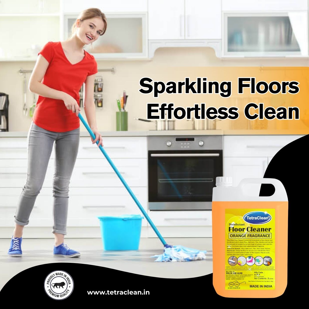 TetraClean Orange Disinfectant Floor Cleaner – Powerful Degreasing, 99.9% Germ Protection & Bright Citrus Freshness