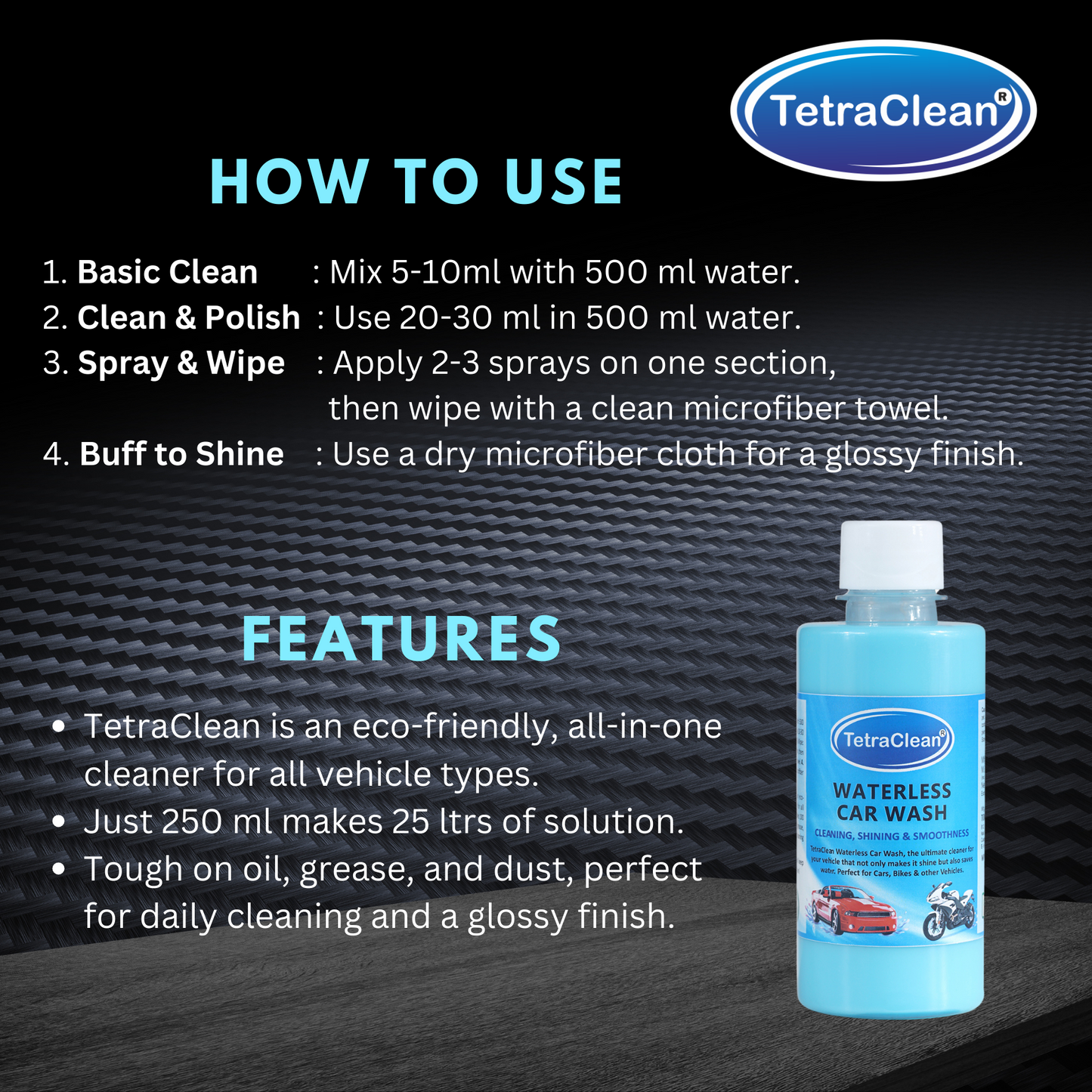 TetraClean Waterless Car Wash 250ml – Instant Shine & Smooth Finish Cleaner