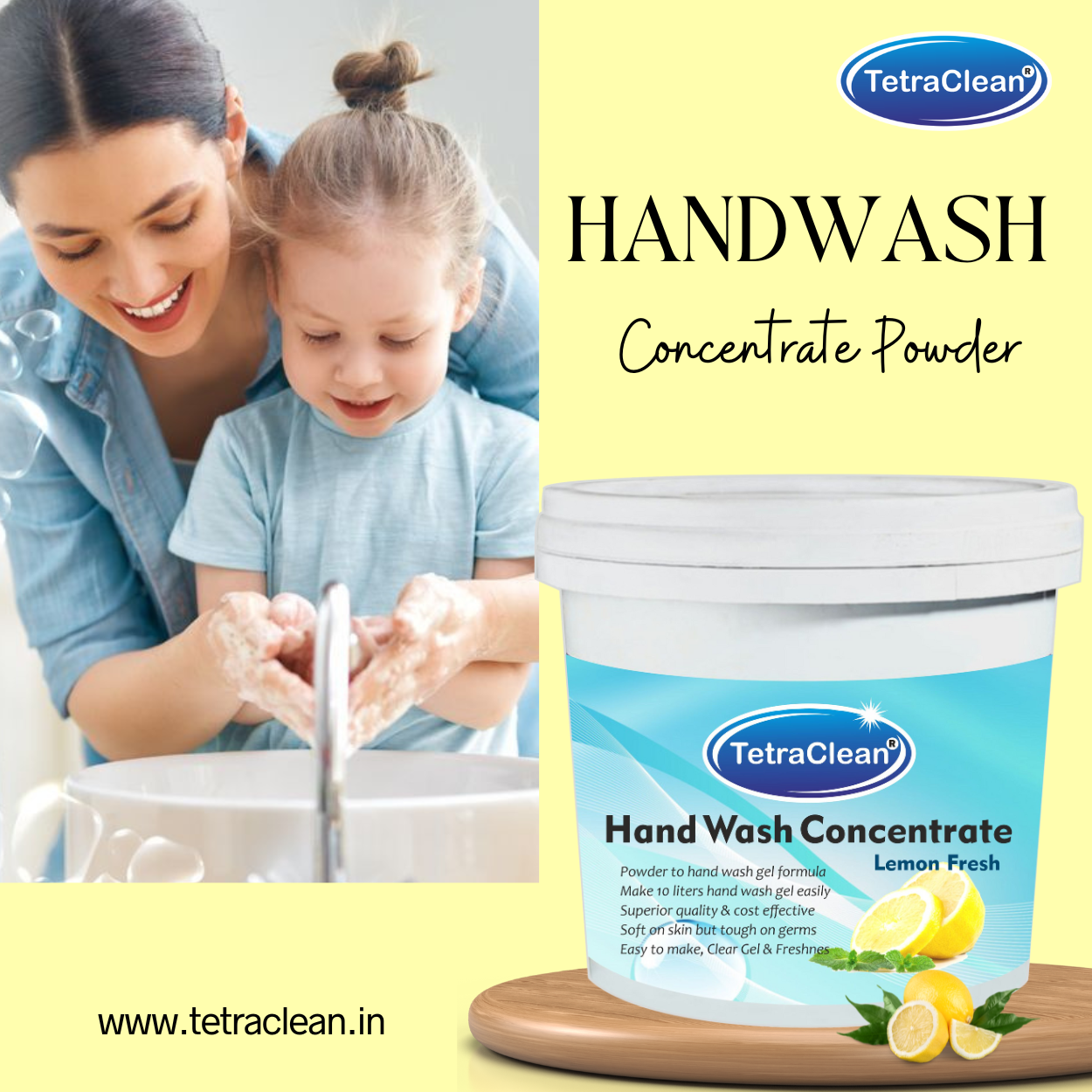 TetraClean Lemon Fresh Hand Wash Concentrate Powder – Powder to 10L Clear Gel, Citrus Freshness, Soft on Skin & Tough on Germs