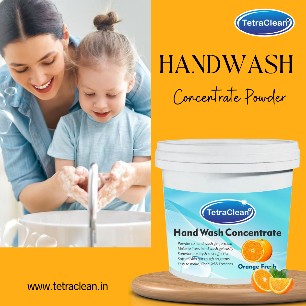 TetraClean Orange Fresh Hand Wash Concentrate Powder – Powder to 10L Clear Gel, Juicy Citrus Aroma, Soft on Skin & Tough on Germs