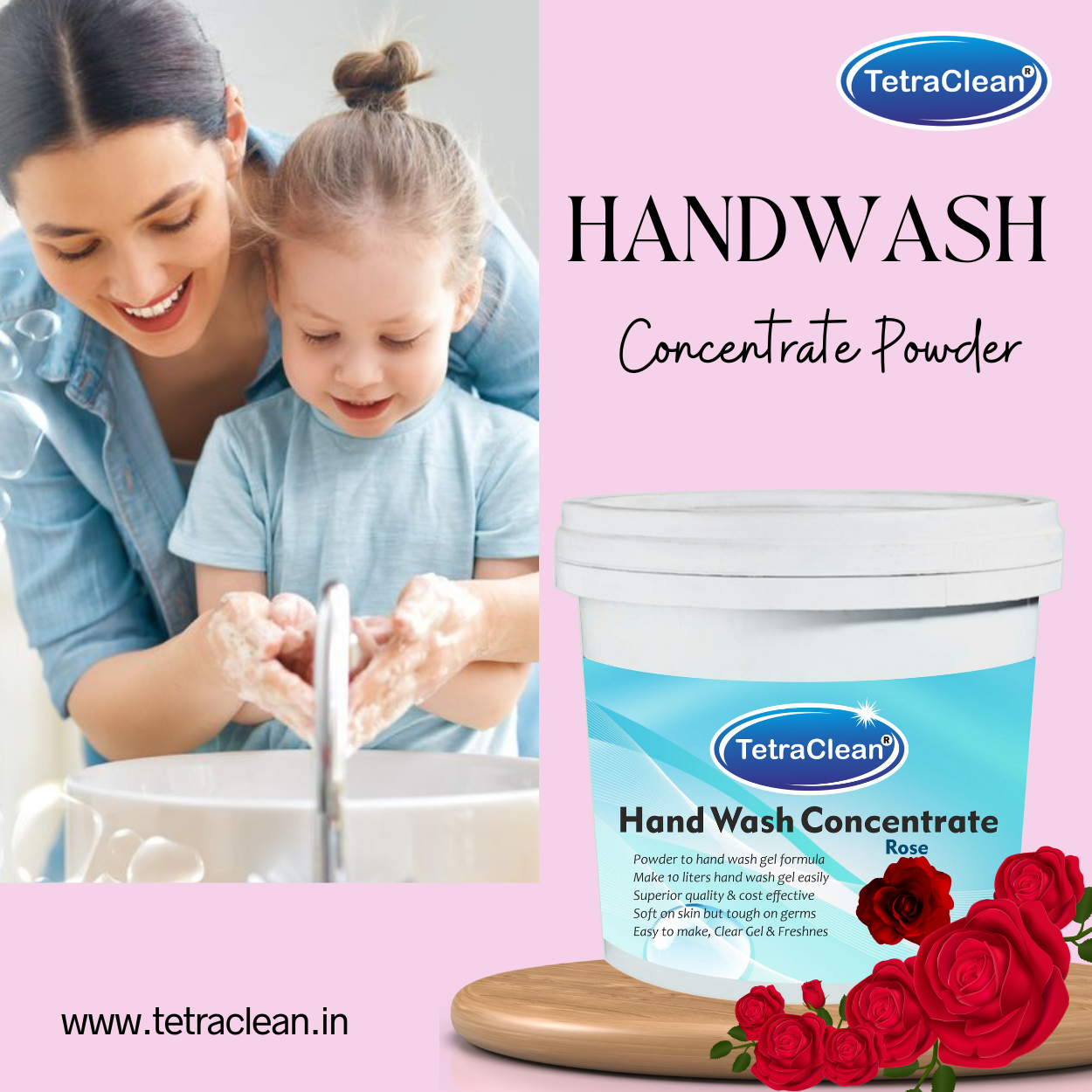 TetraClean Rose Hand Wash Concentrate Powder – Powder to 10L Clear Gel, Luxurious Rose Aroma, Soft on Skin & Tough on Germs