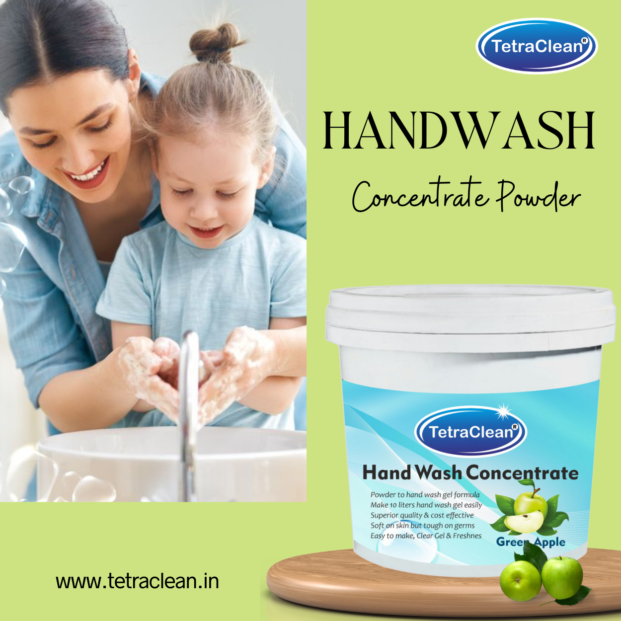 TetraClean Green Apple Hand Wash Concentrate Powder – Powder to 10L Clear Gel, Juicy Fresh Fragrance, Soft on Skin & Tough on Germs