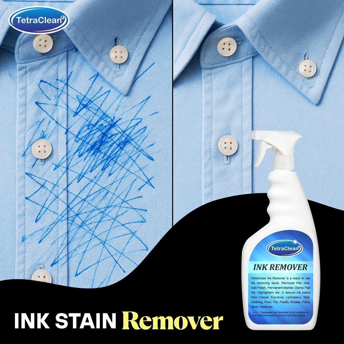 TetraClean Ink Remover Spray I Fabric Stain Remover I Powerful Multi-Surface Stain Cleaner, 500g