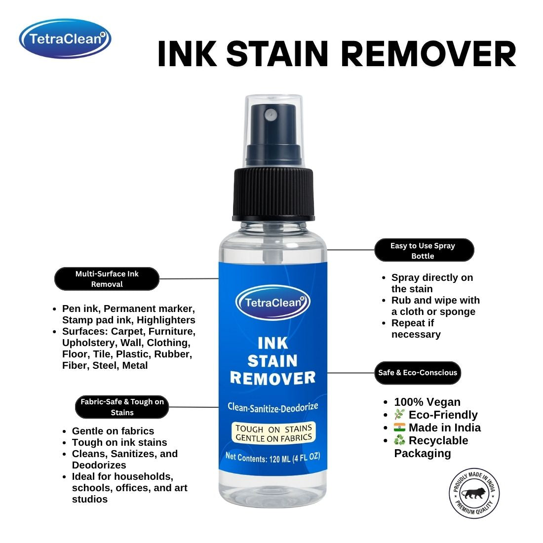 TetraClean Professional Ink Remover Spray – Fabric Stain Remover I Pen Ink Remover, Stain Cleaner Spray, 500ml