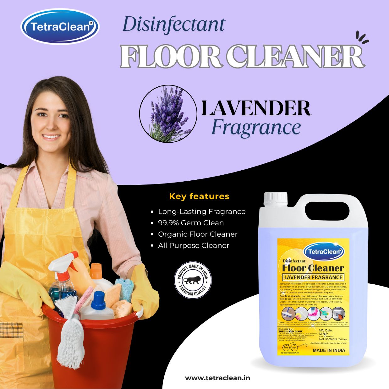 TetraClean Lavender Disinfectant Floor Cleaner – Relaxing Aroma, 99.9% Germ Protection & Streak-Free Shine for Every Room
