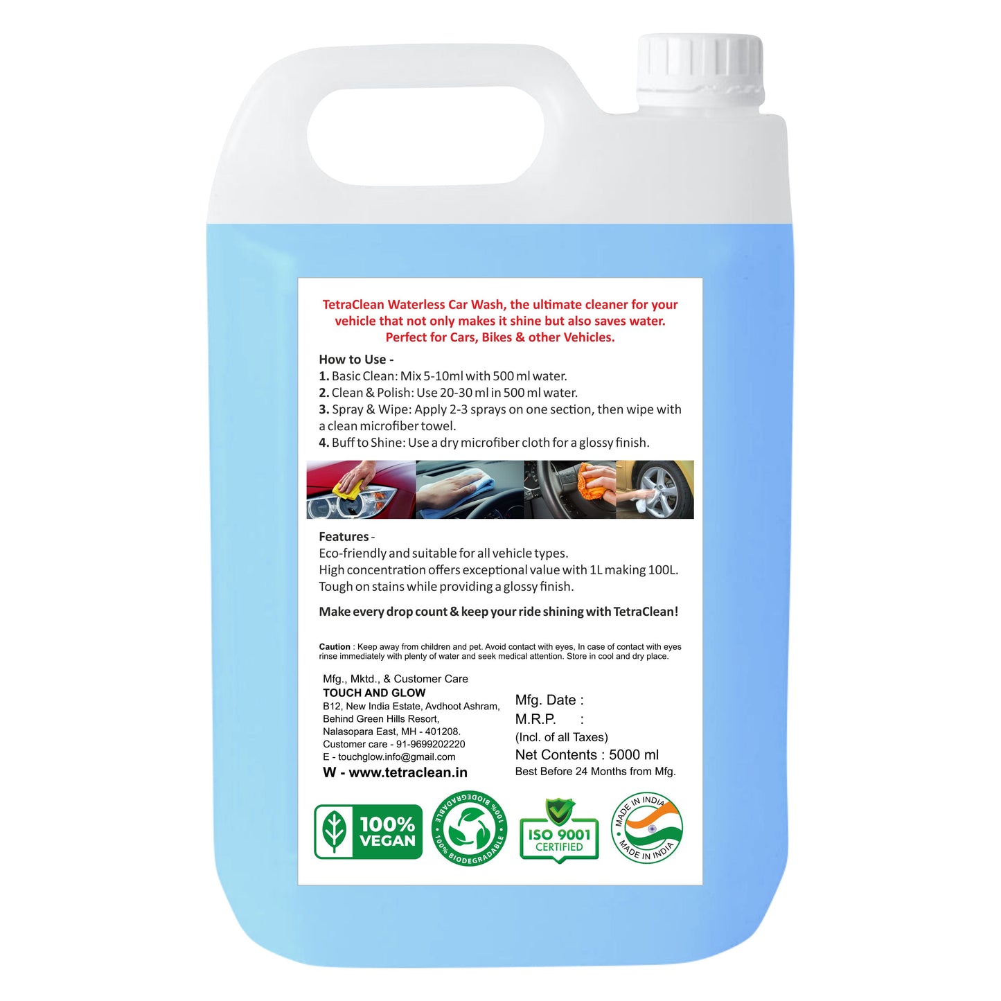 TetraClean Waterless Car Wash – High Gloss Shine & Smooth Finish Concentrate Liquid 5,Ltr